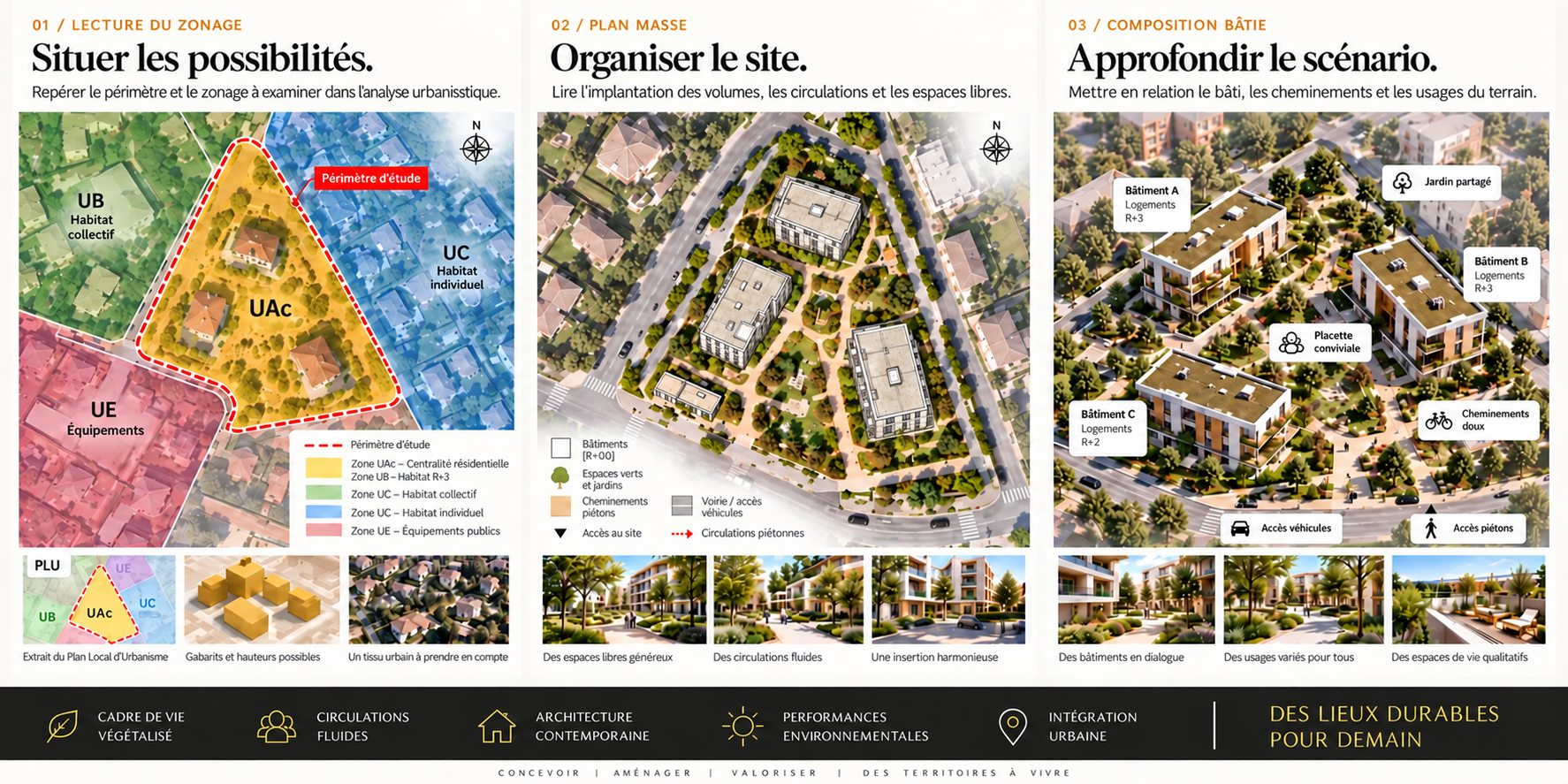 Infographie en trois panneaux d'un même site : périmètre d'étude et zonage, implantation des bâtiments et circulations, puis composition bâtie et espaces partagés.